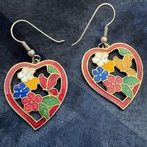 Vintage Cloisonné Enamel Heart Earrings Floral Butterfly Drop
